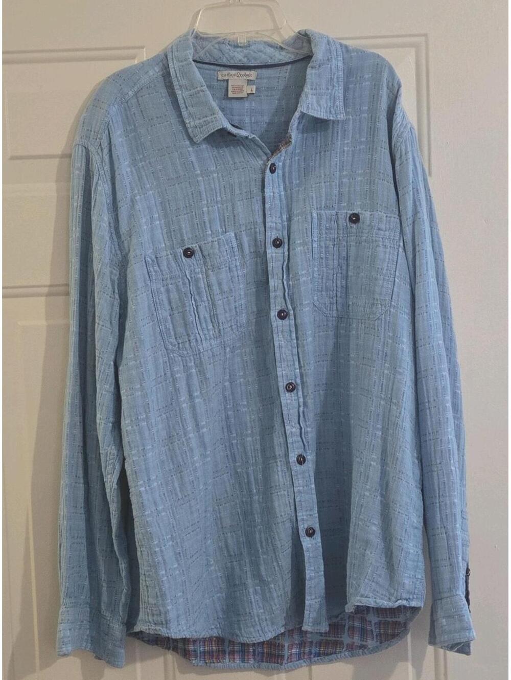 Carbon 2 Cobalt Women L Blue Relaxed Patchwork Cotton Button Down Shirt Outdoors